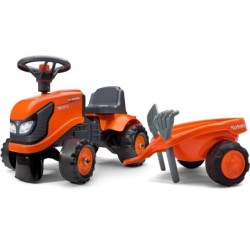 Ajotraktori Kubota oranssilla perävaunulla ja tarvikkeilla Falk, 1-vuotiaalle