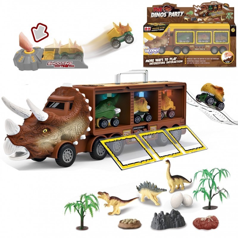 Dinosaur-kuorma-auto ja katapultilla varustetut autot